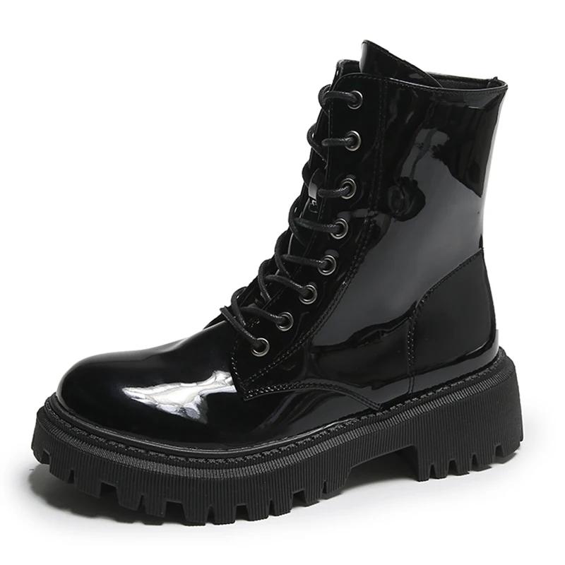 Ботильоны розового цвета на шнуровке, женские туфли, лакированные кожаные мотоциклетные ботинки на платформе, женские, на толстом каблуке, короткие ботильоны на молнии
