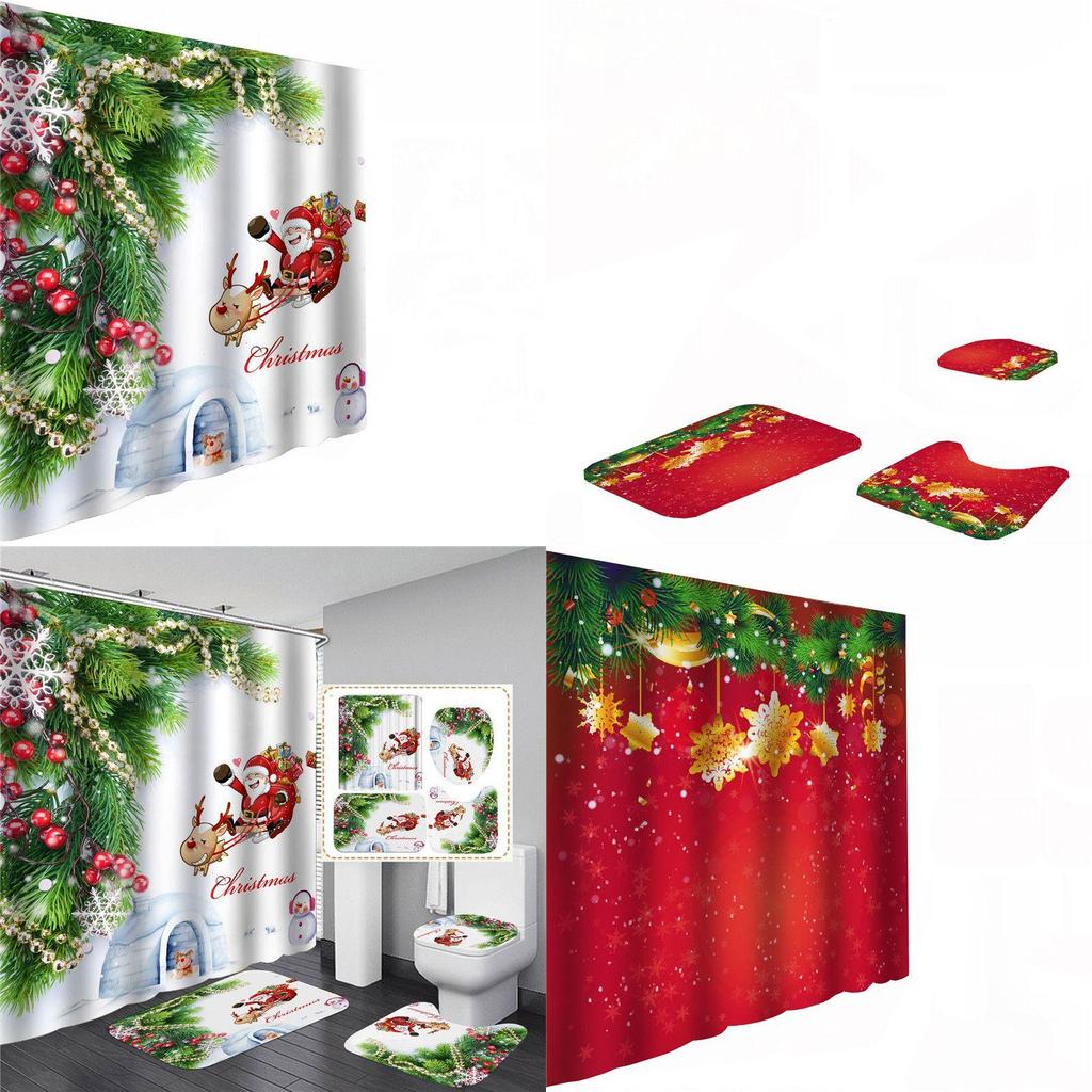 Festive Christmas Shower Curtain And Bathroom Mat Set With Waterproof Material