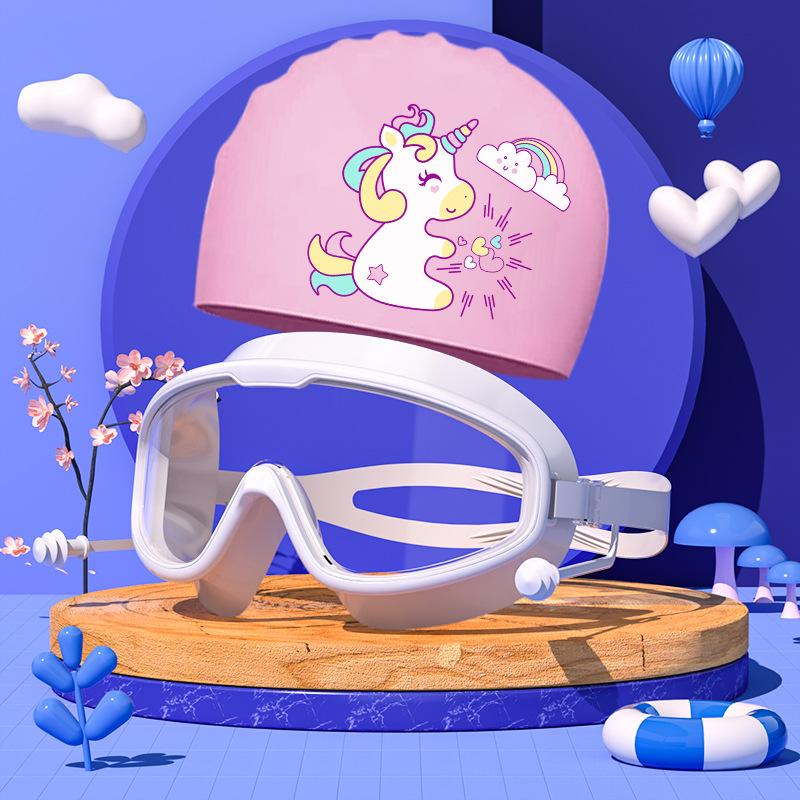 Комплект из очков и шапочек для плавания, детские очки с большой оправой, водонепроницаемые, противотуманные, для мальчиков и девочек, плавательные очки с рисунком, шапочка для купания