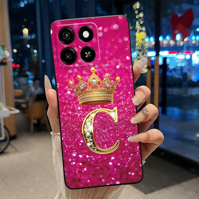 Cool Lucky A-Z Letter Phone Case For ZTE Blade A35/A55 Soft Silicone Black Case Shockproof Luxurious Glitter Crown Shell