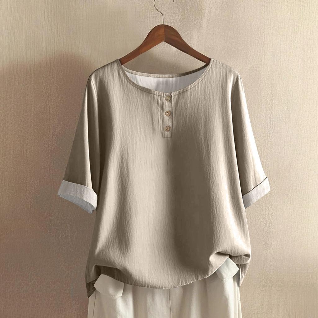 Women's Fashionable And Casual Shirt Half-sleeve Round Neck Solid-color Cotton And Linen Blouse Top