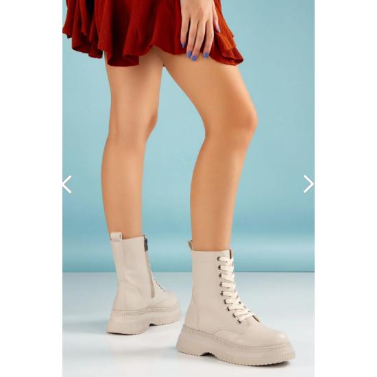Beige Women's Leather Combat Boots