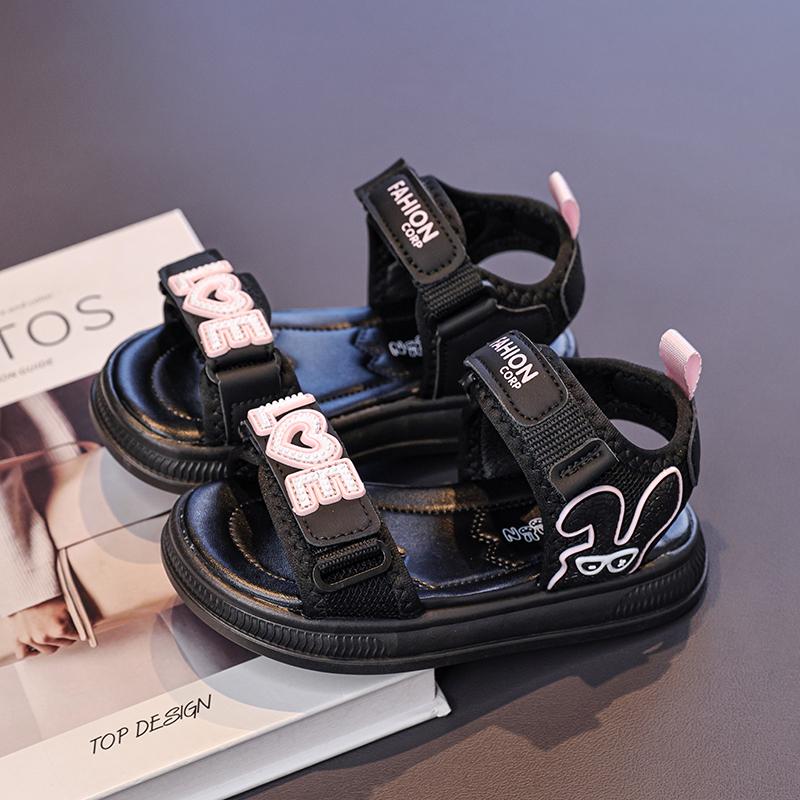 Girls' Cute Rabbit Open-Toe Sandals, Adjustable Strap Non-Slip Summer Shoes for Kids, Breathable Black Dress Casual Sandals