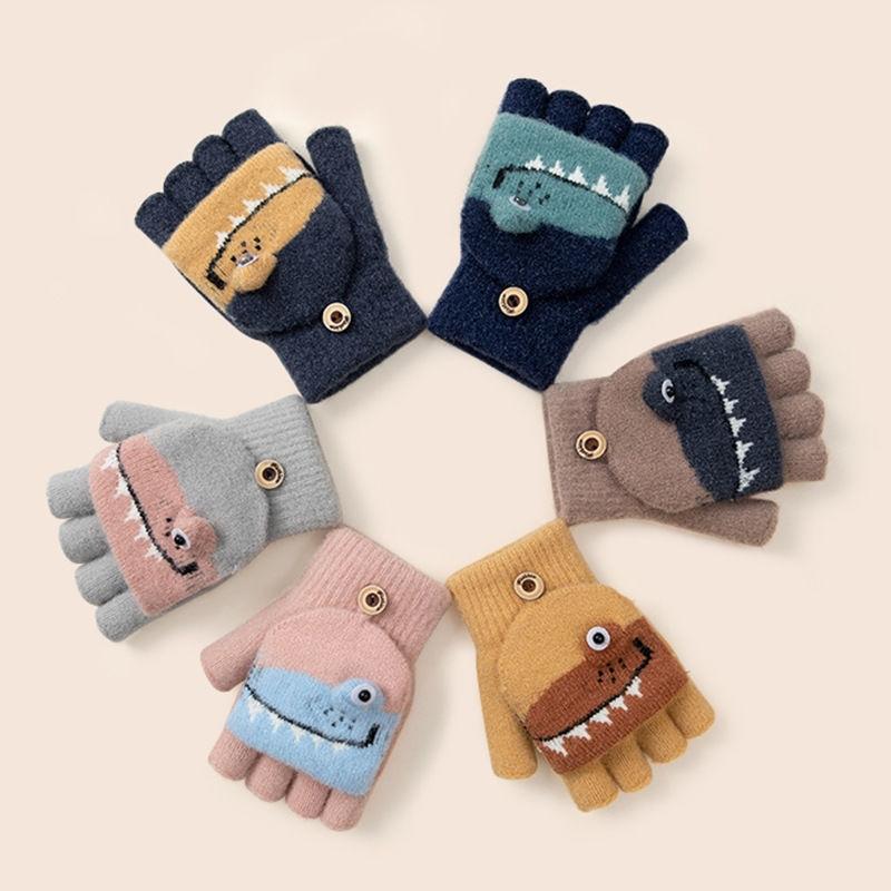 Toddler Kids Winter Knitted Fingerless Cartoon Gloves Thick Warm Outdoor Writing Convertible Flip Top Half Finger Mittens