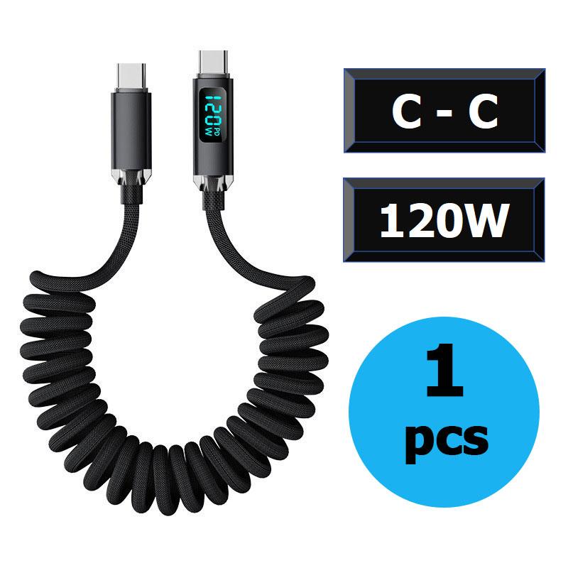 120W Car Spring Type C Cable For iPhone Huawei Xiaomi Samsung PD Fast Charging For Macbook iPad USB Type C to Type C Cable