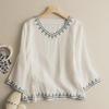 Embroidered Cotton-Linen Three-Quarter Sleeve Blouse, Retro Design, Lightweight, Loose Fit for Spring/Summer 2022.