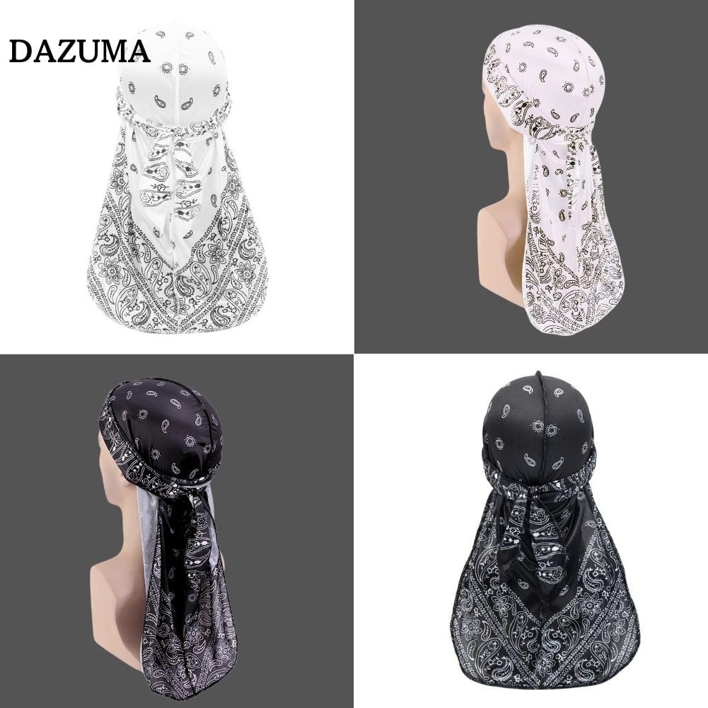 DAZUMA durag paisley satin hip hop dance hat bandana turban pirate dancer durag tail inner cap sweatband white
