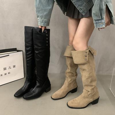 Основная версия пуш~ Сапоги-ботфорты из мягкой кожи на толстой подошве, женские ретро сапоги на толстом каблуке, сапоги в стиле вестерн, ковбойские сапоги, рыцарские сапоги