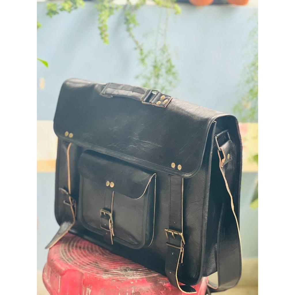 Men's Genuine Goat Leather Vintage Laptop Handmade Messenger Black Bag Satchel