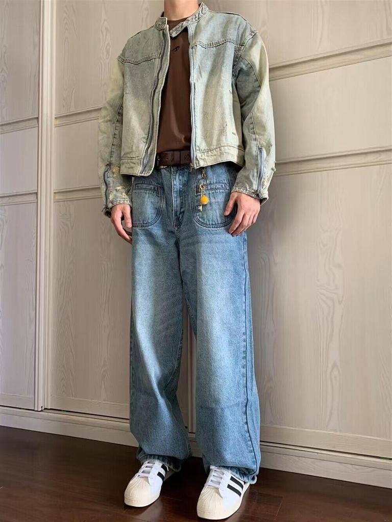 Мужская джинсовая куртка в стиле ретро со стойкой - Дизайн в японском стиле с эффектом стирки для пар, модная одежда для весны и осени.