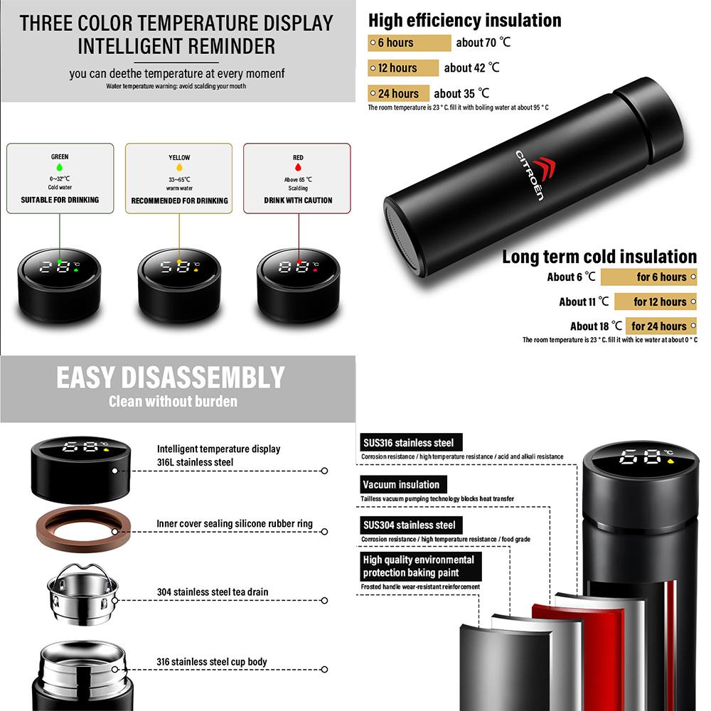 500ml Smart Thermo Mug Filter Coffee Water Flask Temperature Display For Citroen C1 C2 C3 VTS C4 DS Saxo C4L C5 Auto Valve Cap 