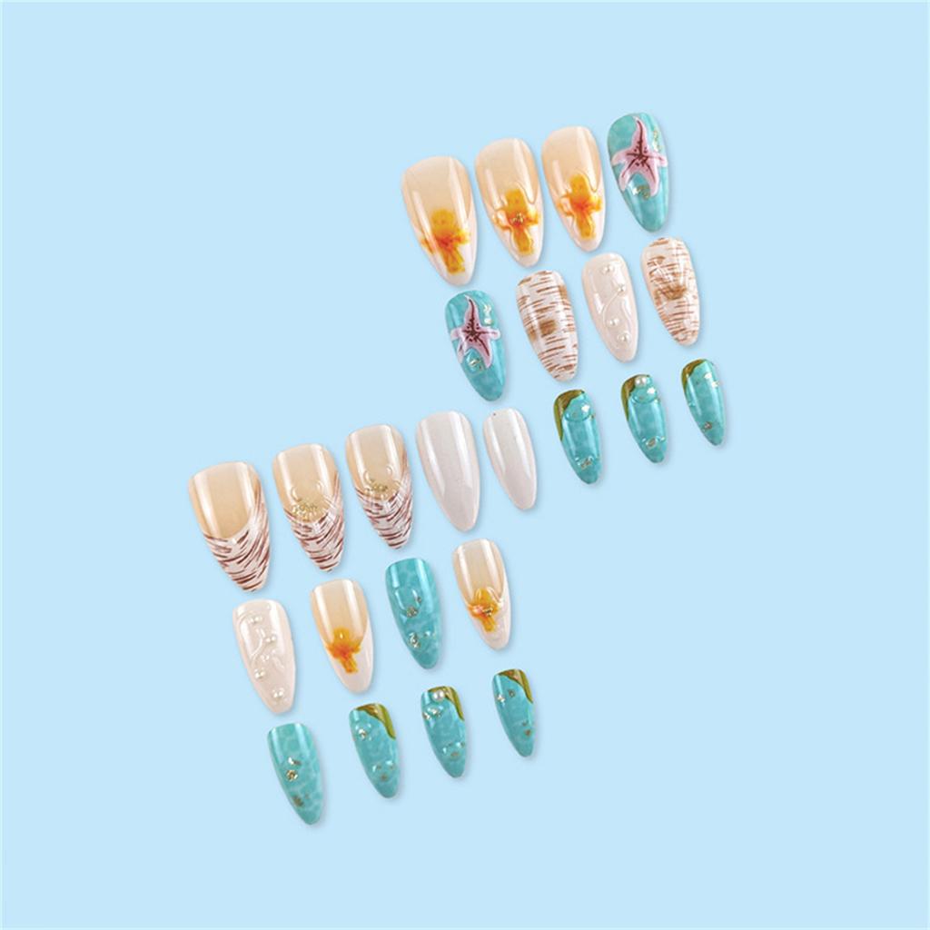 24 Pcs Glossy Fake Nails 3D Ocean Nail Tips with Starfish-Design Lightweight Press On Nails for Daily Party Use