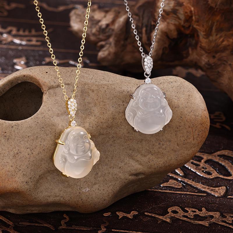 Women's Light Luxury Buddha Necklace - New 2024 White Chalcedony Clavicle Chain Pendant for Sweaters