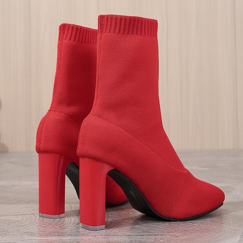 Модные дышащие трикотажные сетчатые женские ботильоны модные туфли-лодочки с острым носком 2024 осень короткие сапоги без застежек на толстой подошве