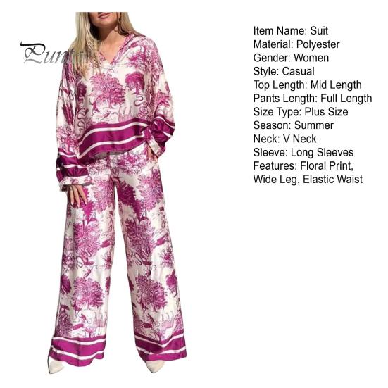 2 Pcs/Set T-shirt Pants Set Floral Print V Neck Long Sleeve Bohemian Striped Top Wide Leg Elastic Waist Pockets Trousers Lady Casual Clothes