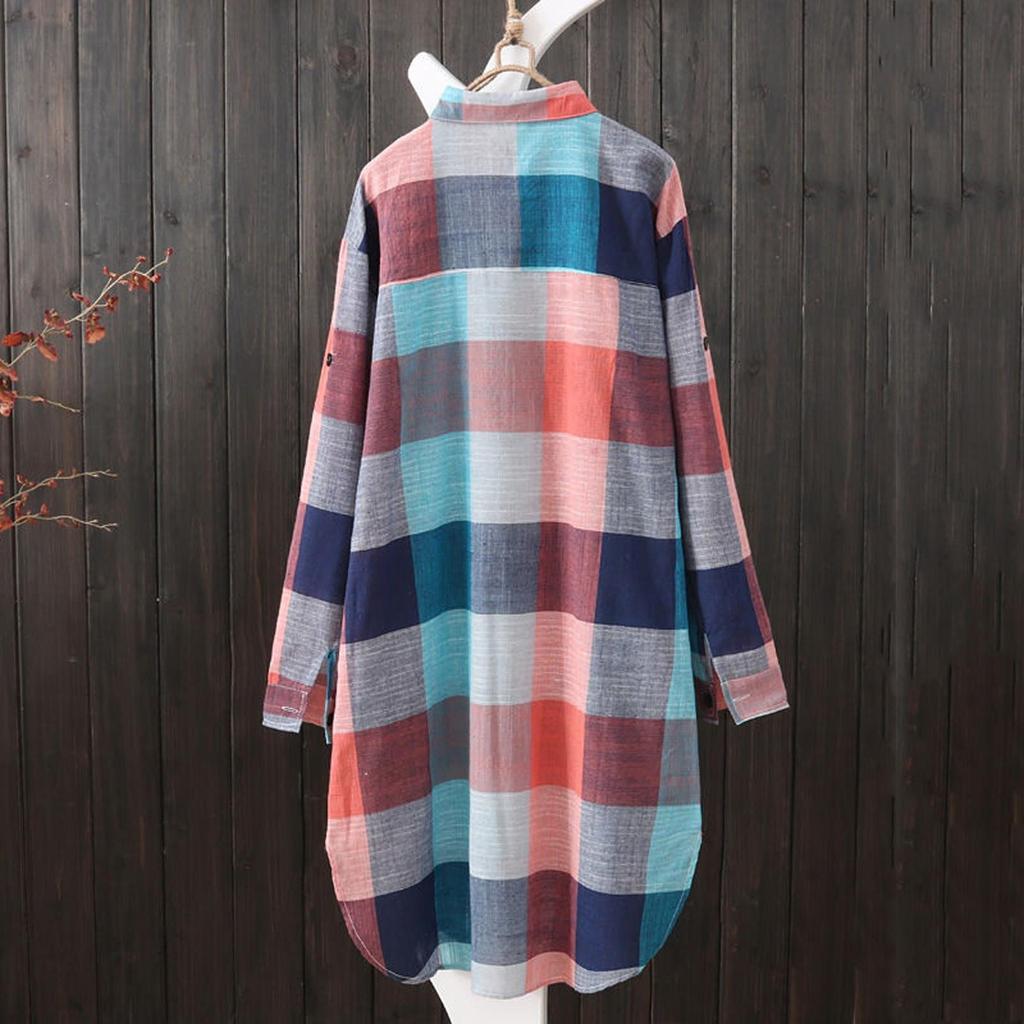 Women Casual Plaid Shirt Fashion Oversized Loose Button Outdoorwear Tunic Shirt Blouse Female Long Sleeve Beach Sun Tops