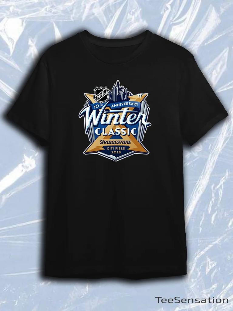 TeeSensation Black Crew Neck Short Sleeve T-Shirt with NHL Winter Classic 2018 Citi Field 10th Anniversary Logo Print