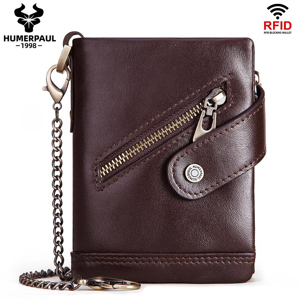 Humerpaul Fashion Women Wallets Genuine Leather Bi-fold Wallet Quality Designer RFID ID Card Holder With Coin Purse Chain Portfel Damski