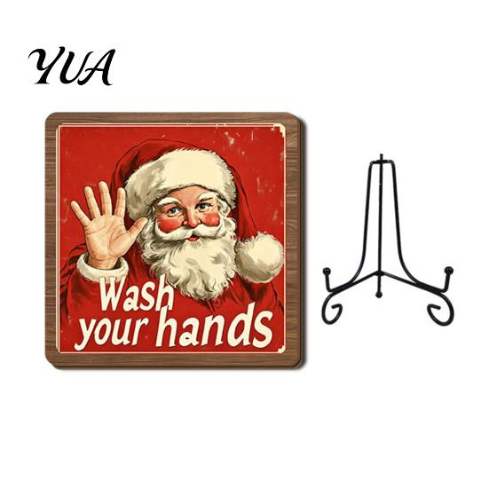 Xmas Party Ornament Christmas Wooden Tabletop Decor, 2D Pet Santa with Iron Stand, Rustic Holiday Sign for Home And Cafe Festive Shelf, Solid