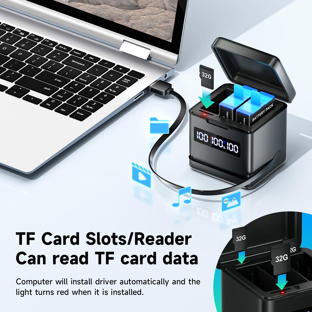 2000mAh Battery For Gopro Hero 9 10 11 12 Camera Battery with LCD 3-Slots Fast Charger Box For GoPro Hero12 11 Sport Cameras