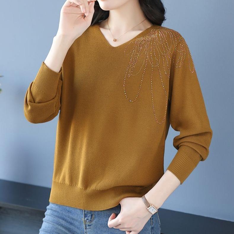 Spring Autumn Women's V-Neck Knitted Sweater Loose Solid Pullover Knitwear Thin Rhinestone Knit Top