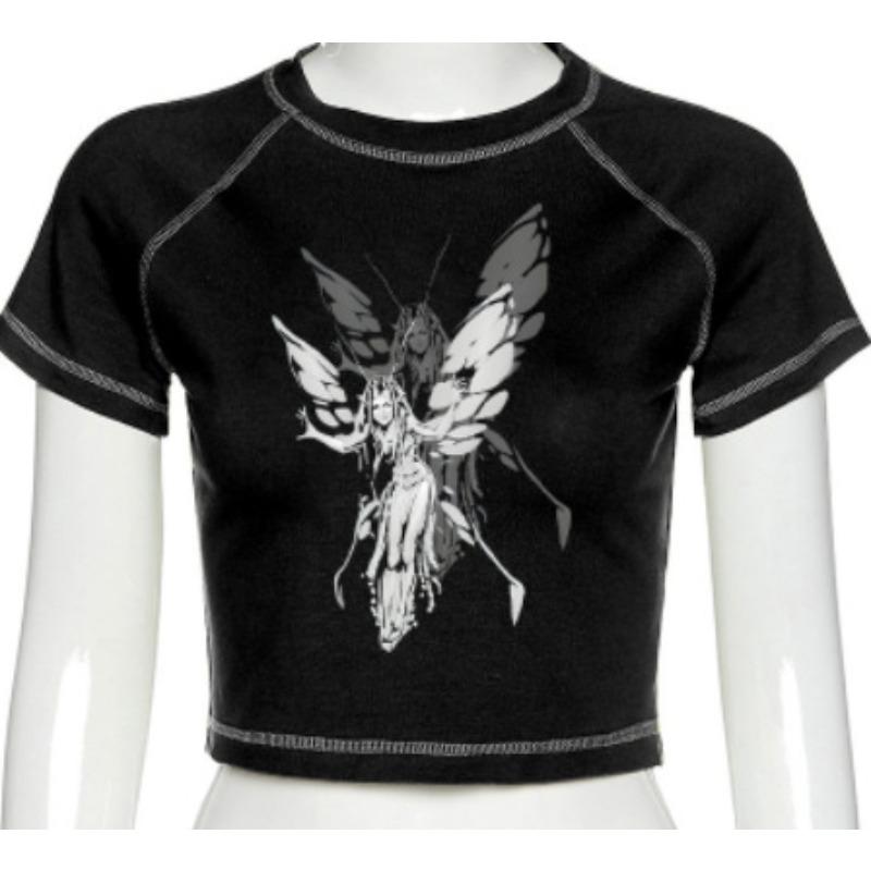 Женская футболка Harajuku Crop Top Harajuku Retro Korean Black Demon Punk Gothic Anime Print Clothes Slim anime
