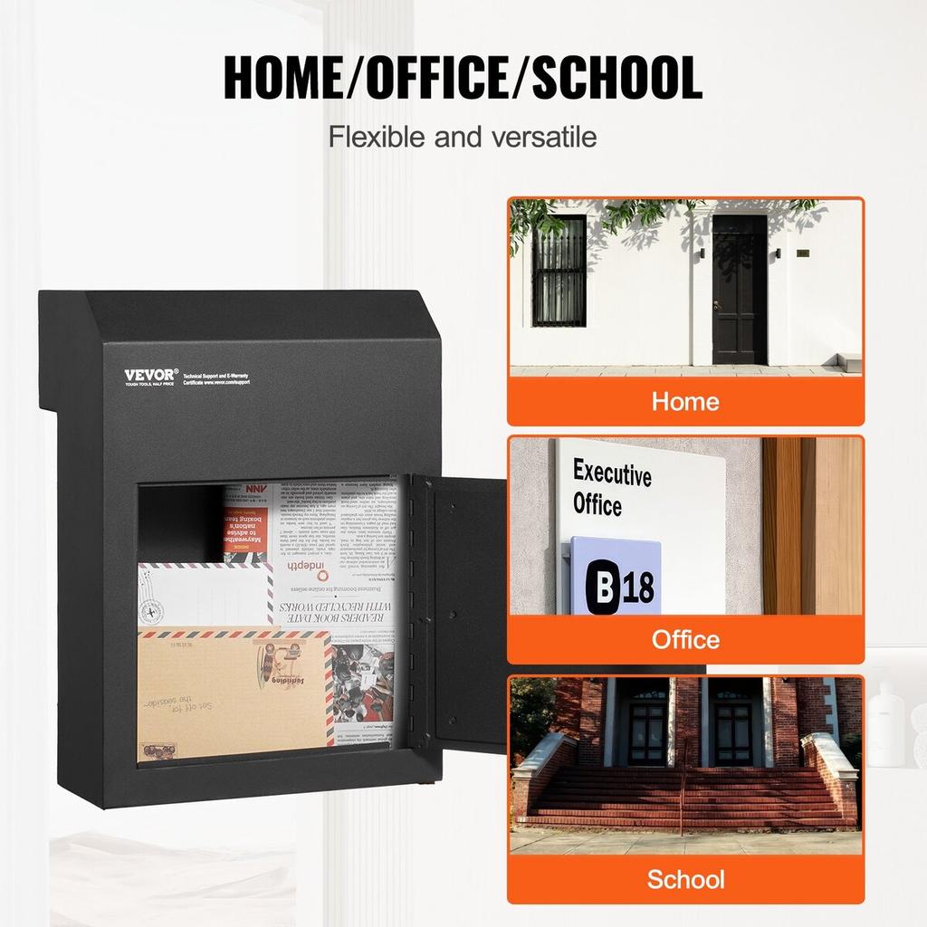 Through The Door Key Drop Box 12x6x16" Mailbox with 1.8"12" Key Lock Black