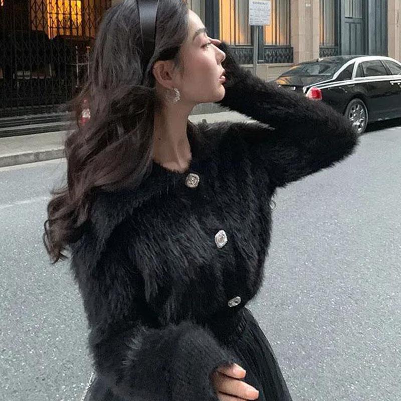 Норковый флисовый кардиган, свитер, женский короткий свитер-поло, мягкий восковой осенний однотонный вязаный кардиган с ромбовидными пуговицами, маленький ароматный свитер, пальто