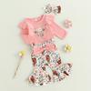 Комплект из 3 предметов для девочек, брюки, розовый комбинезон с длинными рукавами и оборками, расклешенные брюки с принтом головы коровы, комплекты с повязкой на голову
