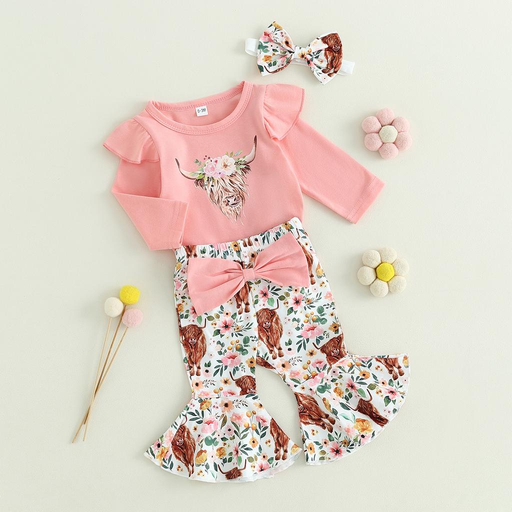 Комплект из 3 предметов для девочек, брюки, розовый комбинезон с длинными рукавами и оборками, расклешенные брюки с принтом головы коровы, комплекты с повязкой на голову