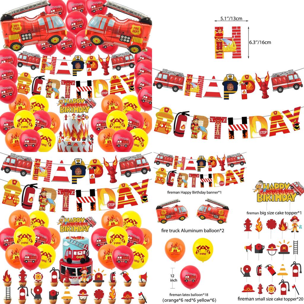 High Quality Fire Department Party Supplies Firefighter Theme Cake Insert Balloon Pull Flag Set