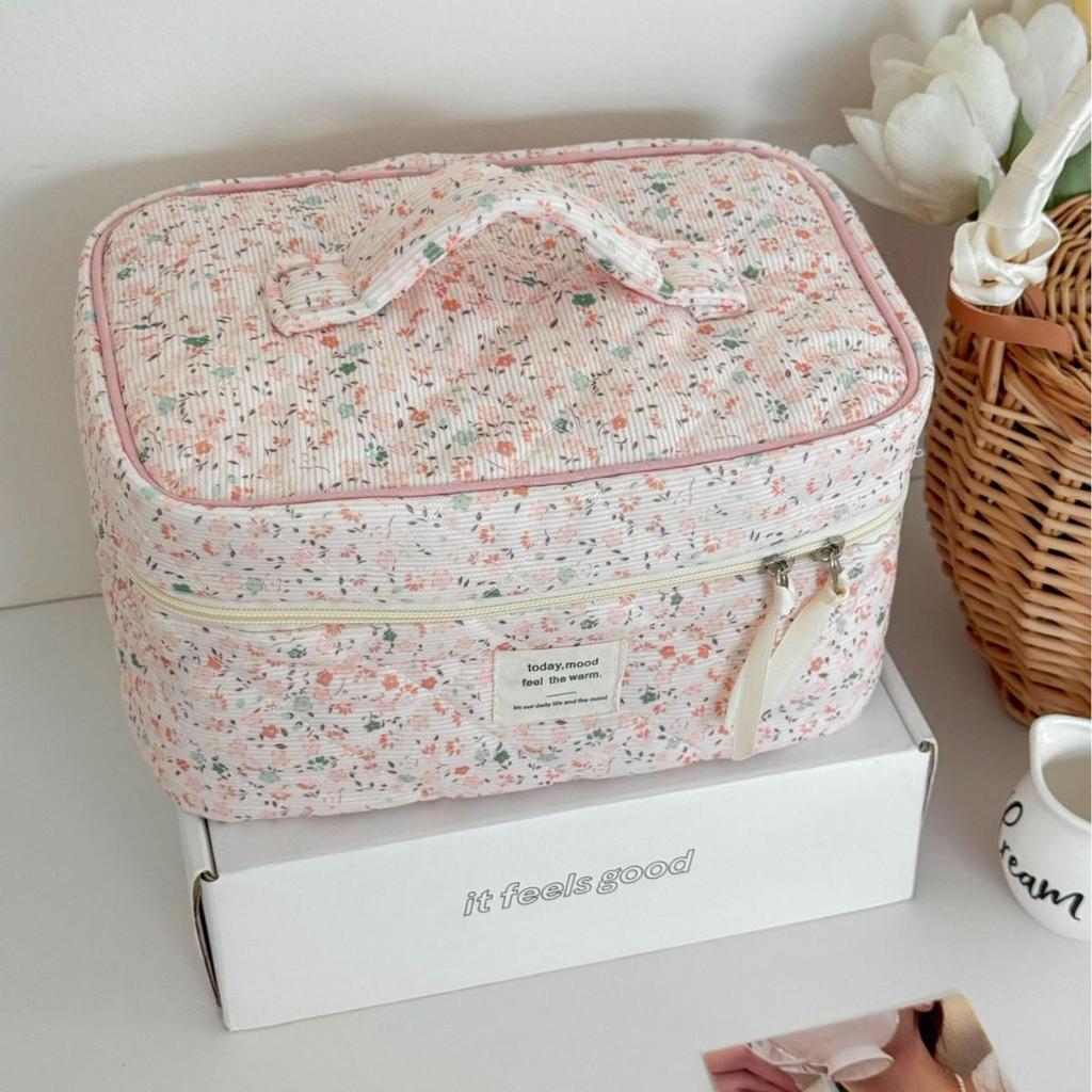 Spring Floral Corduroy Makeup Bag - Versatile Travel Storage