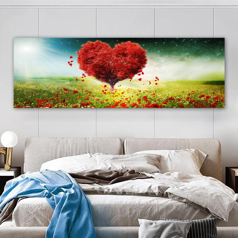 Современная панорамная картина на холсте с изображением цветочного поля на закате в ярких зеленых и красных тонах