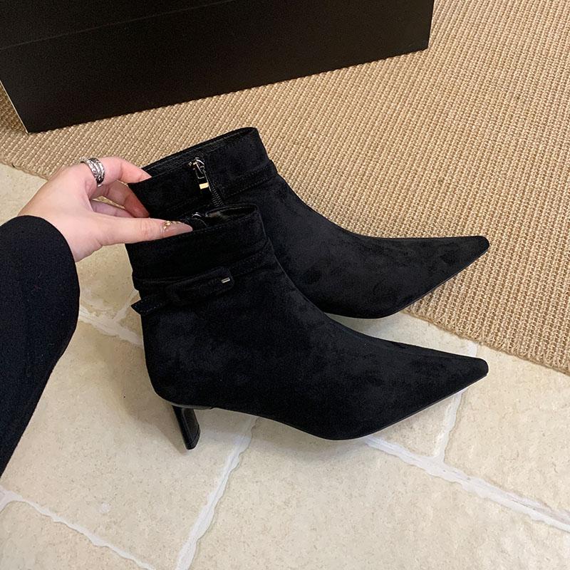 Мода Новая Мода Флок Женские Ботильоны Современные Каблуки Туфли Лодочки Женский Острый Носок Женские Короткие Ботинки С Молниями Обувь