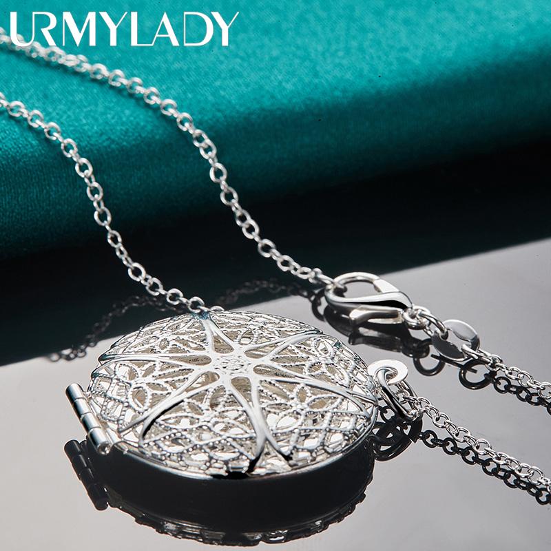 URMYLADY 925 Sterling Silver Round Picture Frame Pendant Necklace Chain For Women Wedding Engagement Charm Jewelry