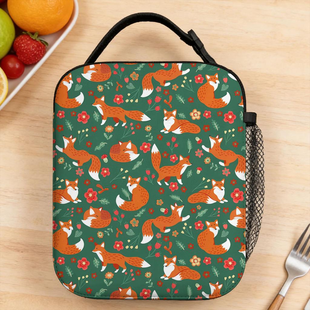 Cute Foxes Green Christmas Pattern Lunch Bag For Men Designer Office Lunch Box Funny Convenient Oxford Cooler Bag