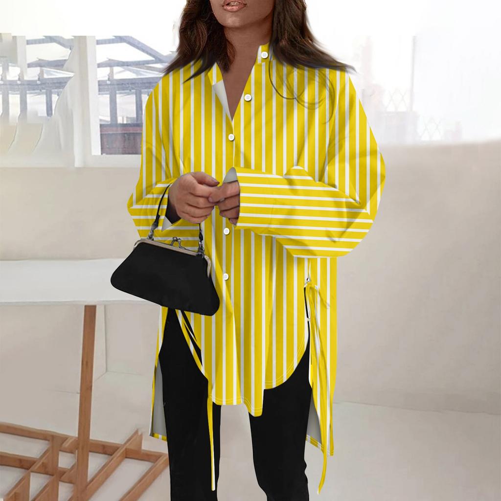 Модная повседневная однотонная рубашка с длинными рукавами и лацканами свободного типа для женщин