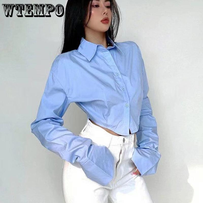 Весенние сине-белые рубашки в корейском стиле с длинными рукавами для девочек, женские укороченные топы на пуговицах с воротником-поло, блузки, уличная одежда