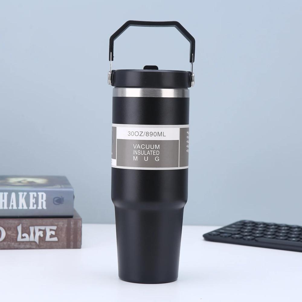 Stainless Steel Thermos Cup with Straw and Handle Portable Car Cup Double Wall Travel Sports Water Bottle Coffee Vacuum Flask