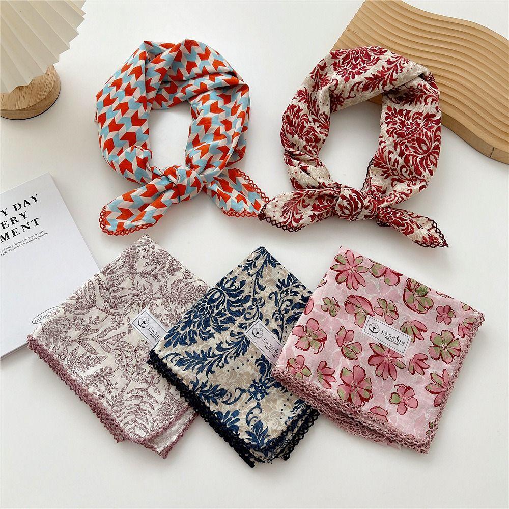 Flower Pattern Hair Scarf Double Sides Head Handkerchief Trendy Silk Scarf Spring Summer Fall