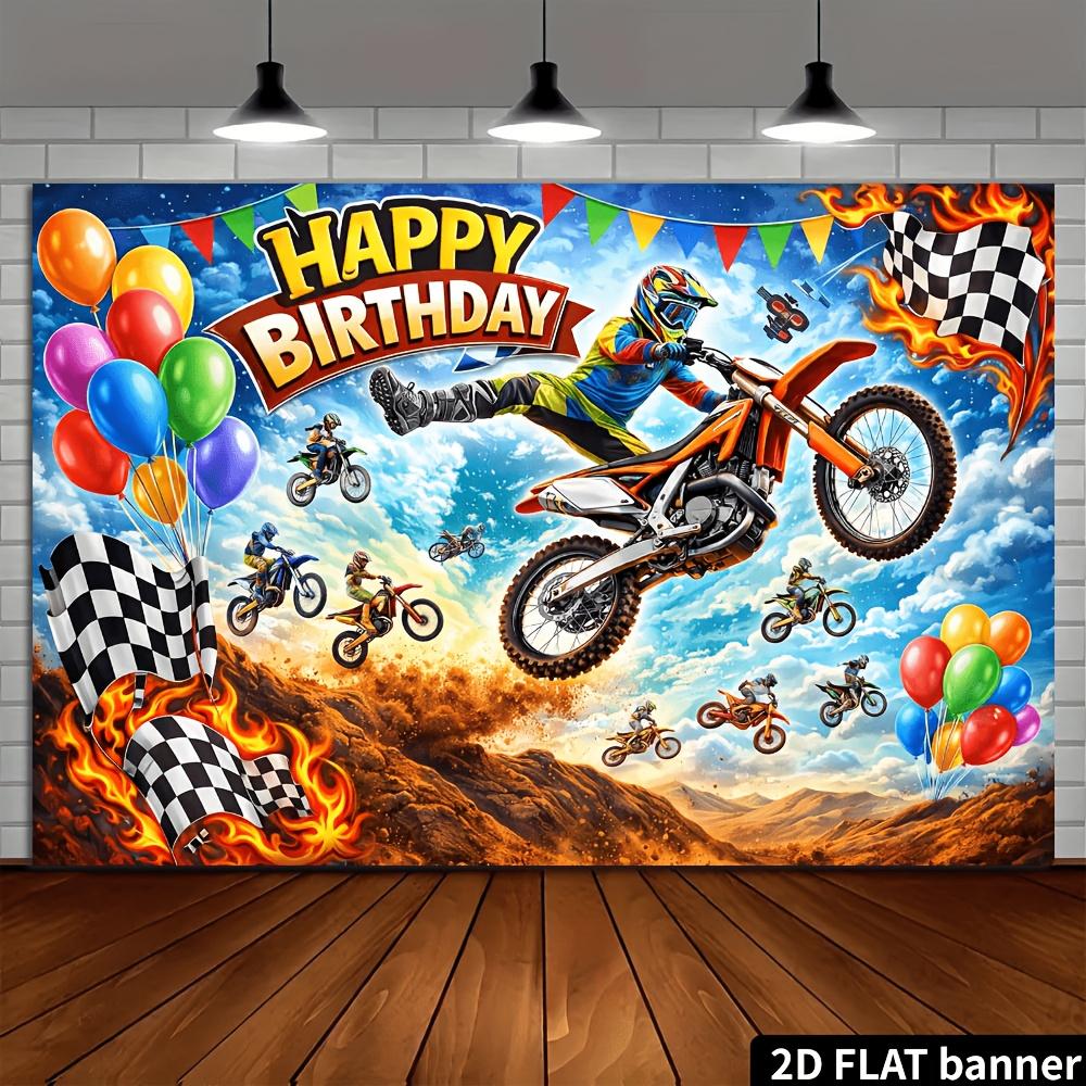 A 2D flat birthday party banner background featuring a theme of off-road motorcycles including off-road motorcycle riders
