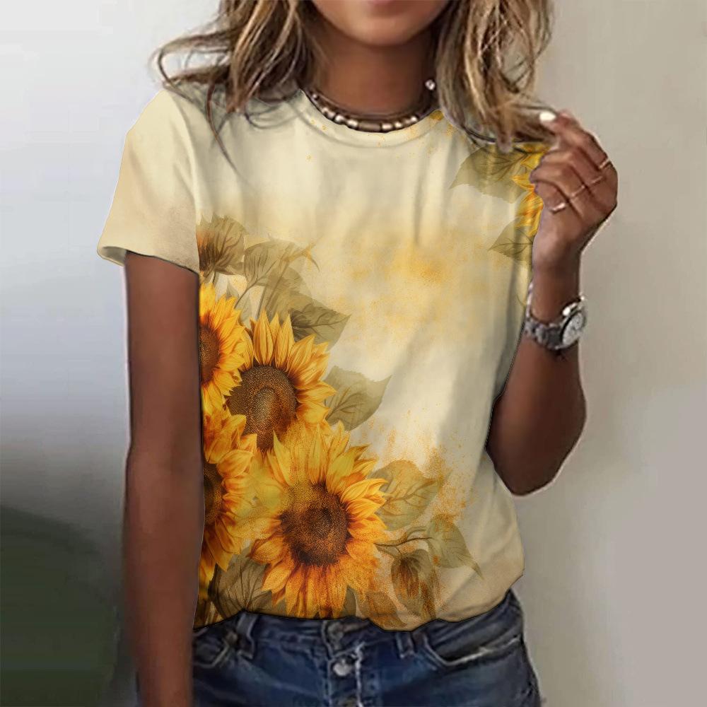 Ladies' Loose Summer Elegant Retro Women's Clothing 3D Printed Sunflower Top Short Sleeved T-shirt