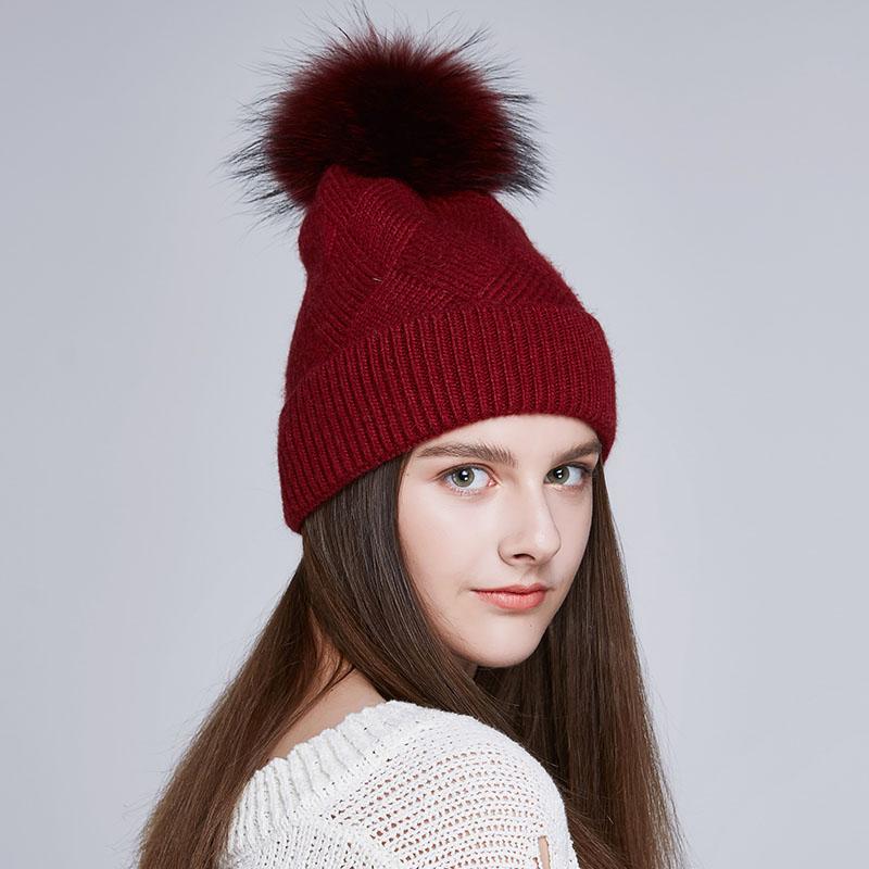 Winter Women Fur Pom Pom Knitted Beanie Hats Warm Wool Cashmere Beanie Bobble Hat Factory