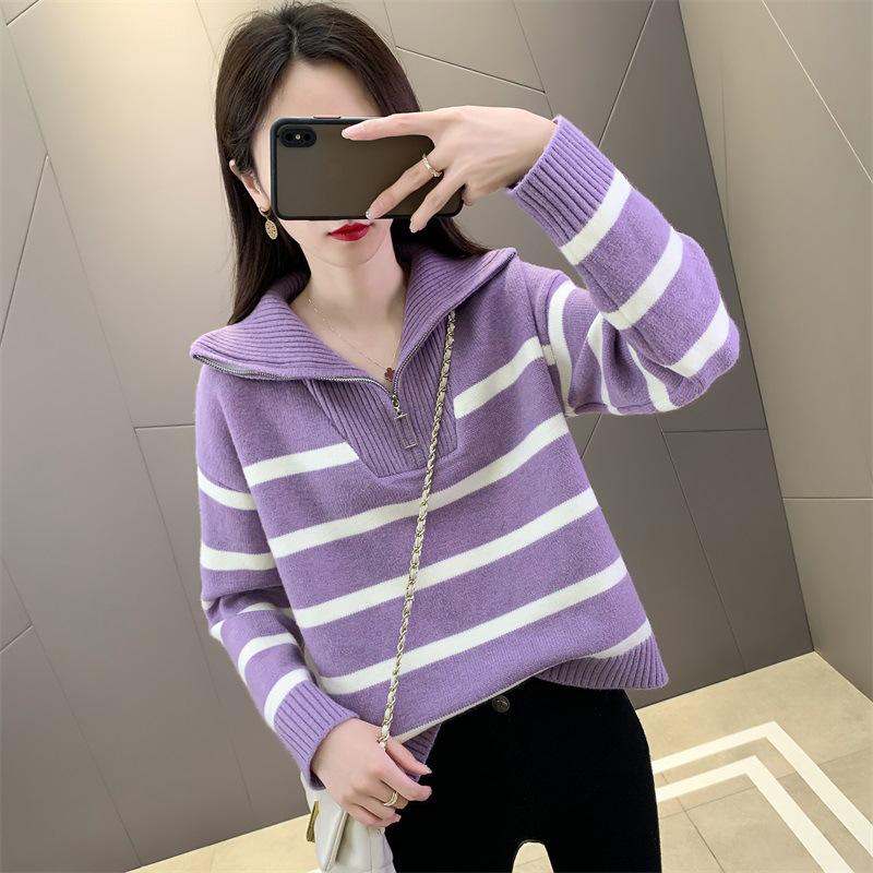 Вязаный полосатый свитер женский осенне-зимний осенний ленивый ветер отложной воротник молния вязаная куртка женский пуловер с длинным рукавом топ