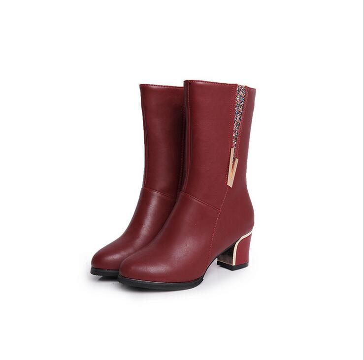 Warm Women Boots PU Leathe High Heels Autumn Shoes Woman Mid-Calf Boots Female Fashion Boots Zipper Casual Boots Mujer