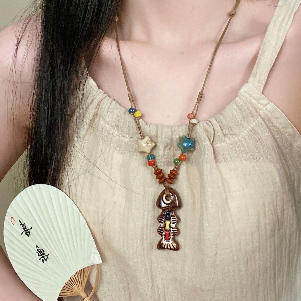 Vintage Ceramic Fish Necklace Wood Bohemian Style Choker Exquisite Long Sweater Chain Decoration