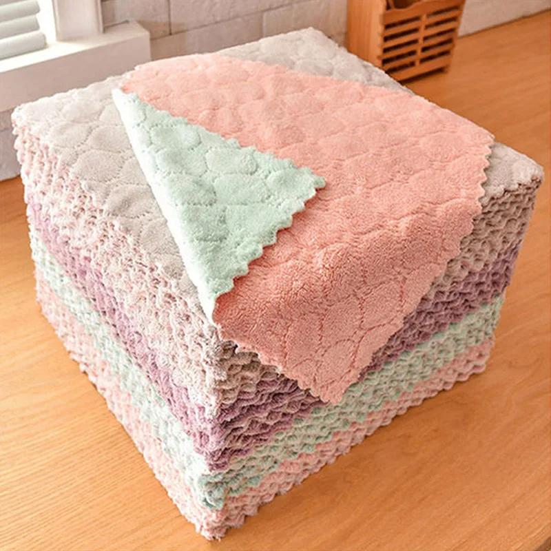 Super Absorbent Microfiber Towel Kitchen Cleaning Coral Velvet Non-stick Oil Dishcloths Double Layer Washing Rags Scouring Cloth