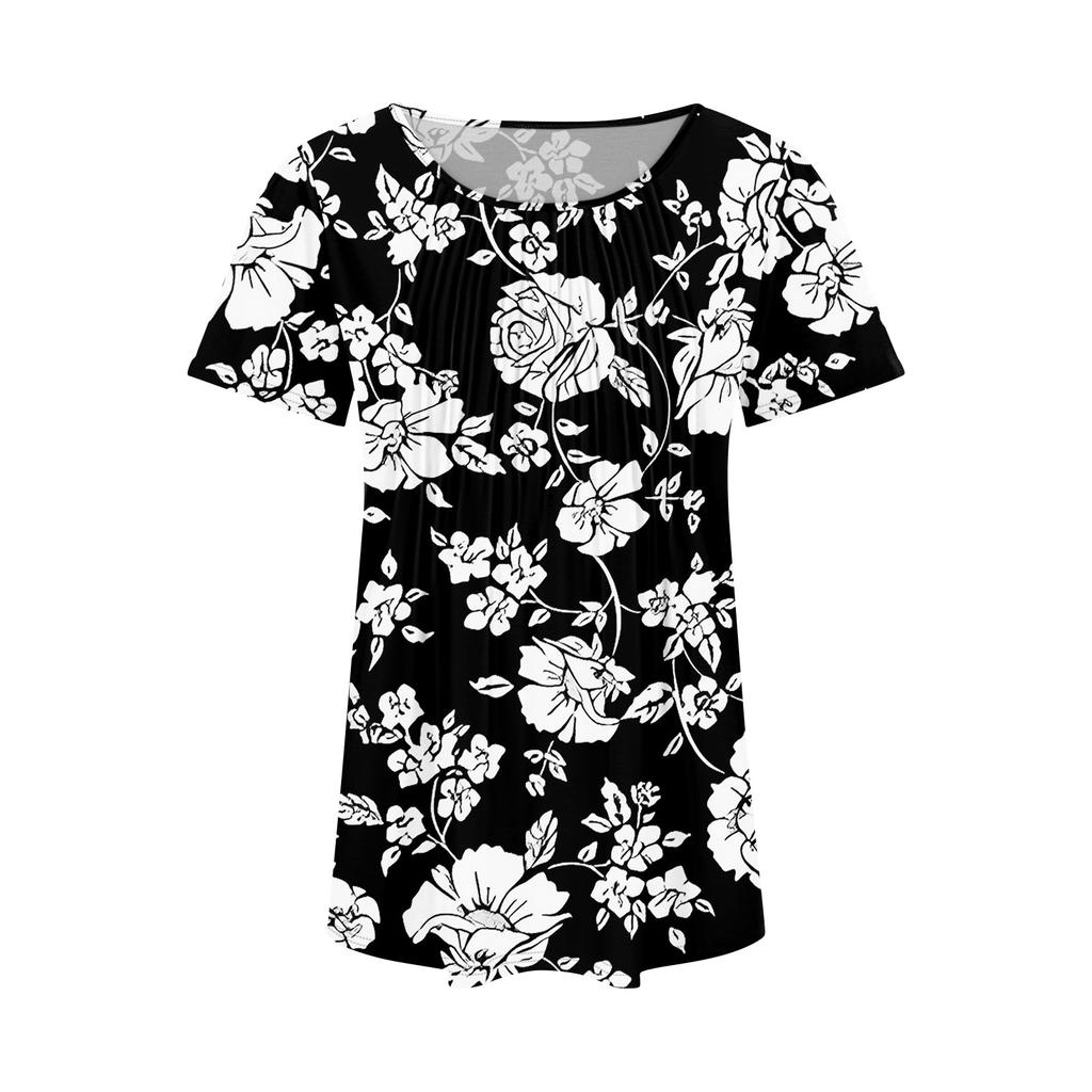 Женская летняя модная повседневная плиссированная футболка с коротким рукавом и круглым вырезом с принтом Топ