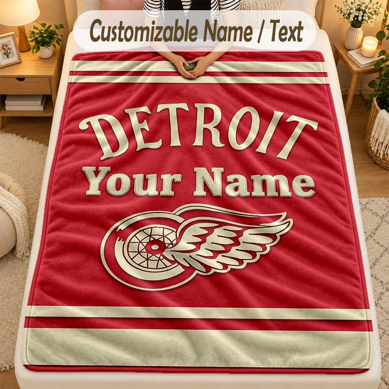 Flannel BlanketDetroit Red Wings Custom Name Text Personalized Soft Warm Throw Blanket Home Decor Gift