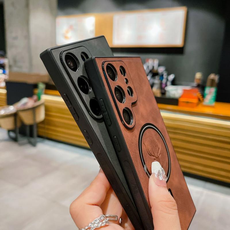 Роскошный кожаный чехол для телефона с магнитной беспроводной зарядкой для Samsung Galaxy S24 S23 S22 S21 Plus Ultra Cover Elk Deer Shell